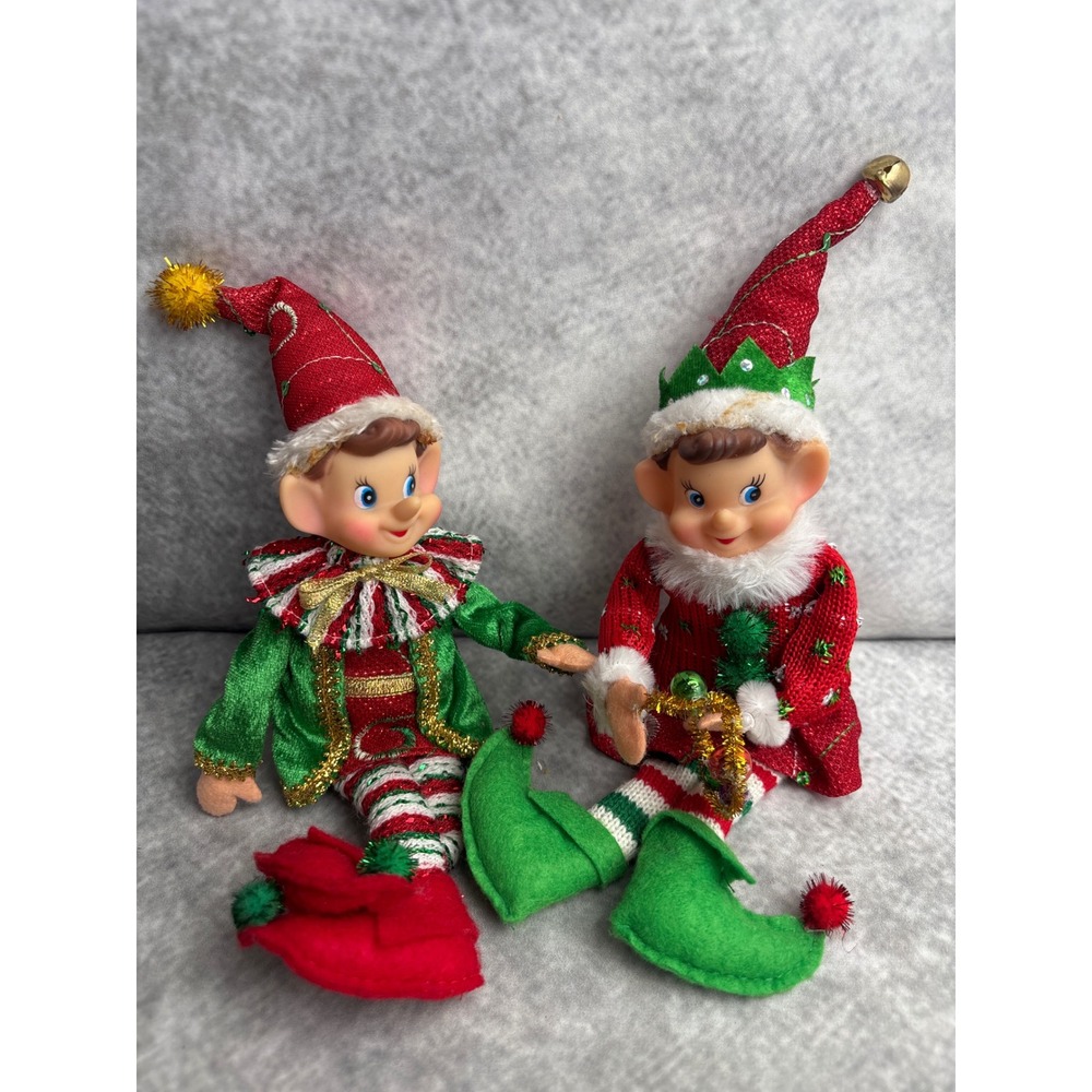 2 Vintage Christmas Shelf Sitting Pixie Elf Rubber Face Pose-able Dolls